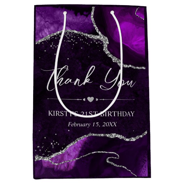 Purple and Silver Faux Glitter Agate Birthday Medium Gift Bag (Front)