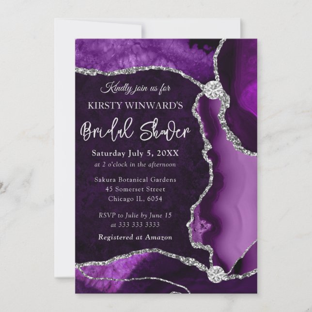 Purple and Silver Faux Glitter Agate Bridal Shower Invitation (Front)