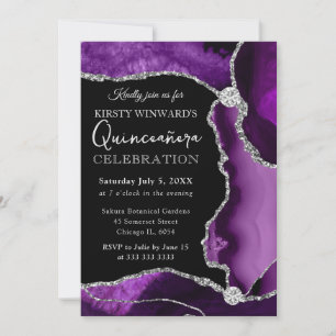 Purple and Silver Faux Glitter Agate Quinceanera Invitation