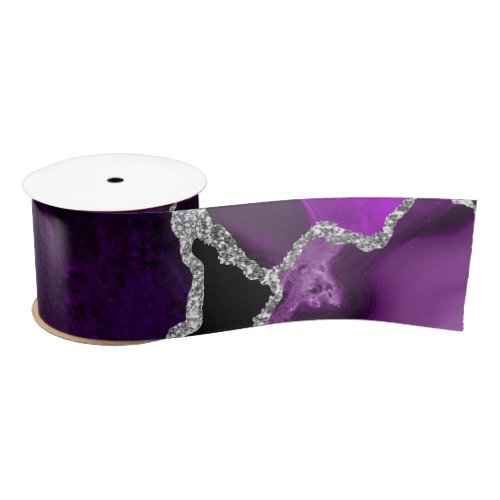 Purple and Silver Faux Glitter Agate Satin Ribbon