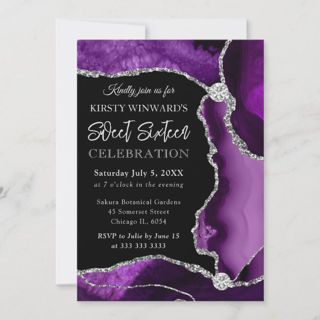 Purple and Silver Faux Glitter Agate Sweet 16 Invitation (Front)