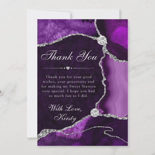 Purple and Silver Faux Glitter Agate Sweet 16 Thank You Card (Front)