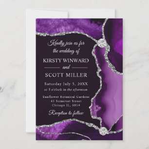 Purple and Silver Faux Glitter Agate Wedding Invitation