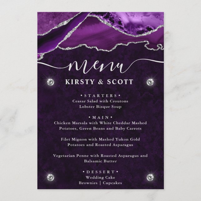 Purple and Silver Faux Glitter Agate Wedding Menu (Front)