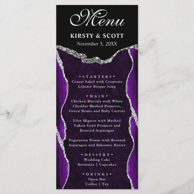Purple and Silver Faux Glitter Agate Wedding Menu (Front)