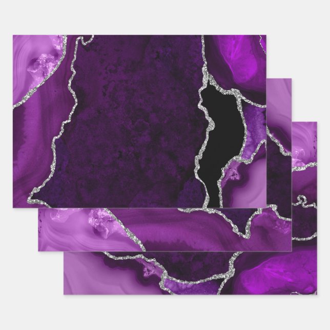 Purple and Silver Faux Glitter Agate Wrapping Paper Sheets (Set)