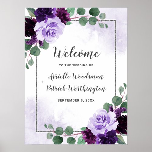 Purple and Silver Floral Boho Wedding Welcome Sign
