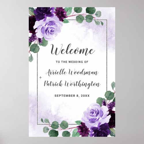 Purple and Silver Floral Boho Wedding Welcome Sign