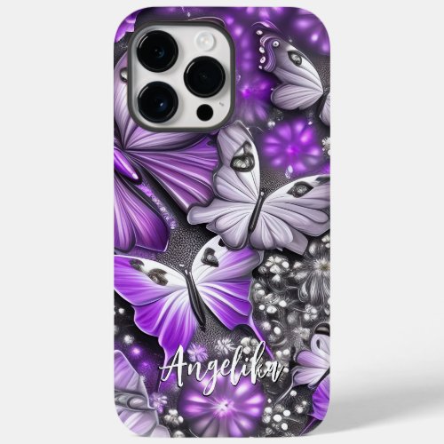 Purple and Silver Floral Butterfly Custom Name Case_Mate iPhone 14 Pro Max Case