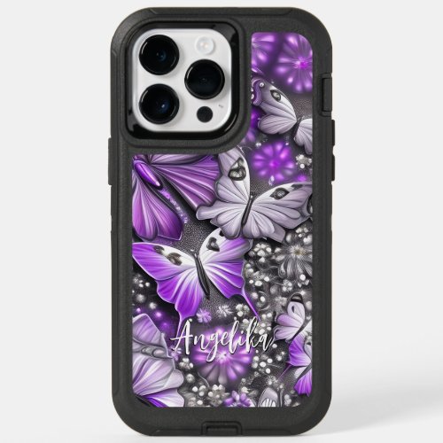 Purple and Silver Floral Butterfly Custom Name OtterBox iPhone 14 Pro Max Case