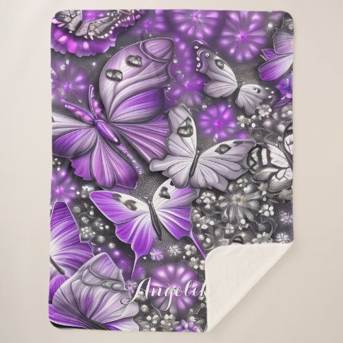 Purple and Silver Floral Butterfly Custom Name Sherpa Blanket
