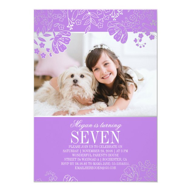 Purple And Silver Floral Photo Birthday Party Card