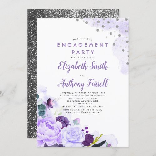 Purple and Silver Floral Romantic Engagement Party Invitation