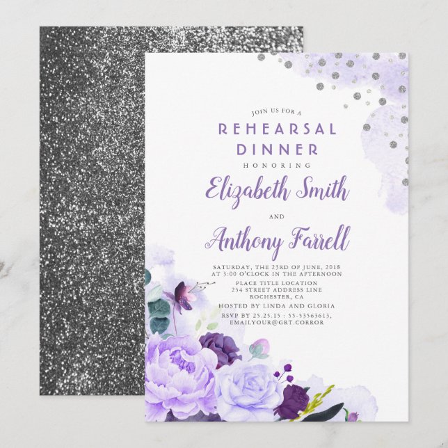 Purple and Silver Floral Romantic Rehearsal Dinner Invitation (Front/Back)