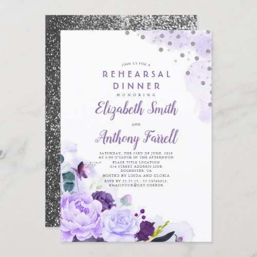 Purple and Silver Floral Romantic Rehearsal Dinner Invitation