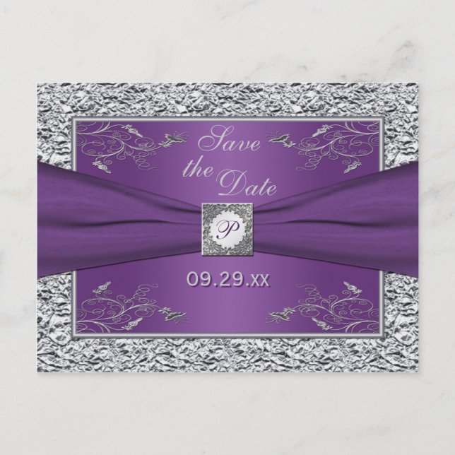 Purple and Silver Floral Save the Date Card (Front)