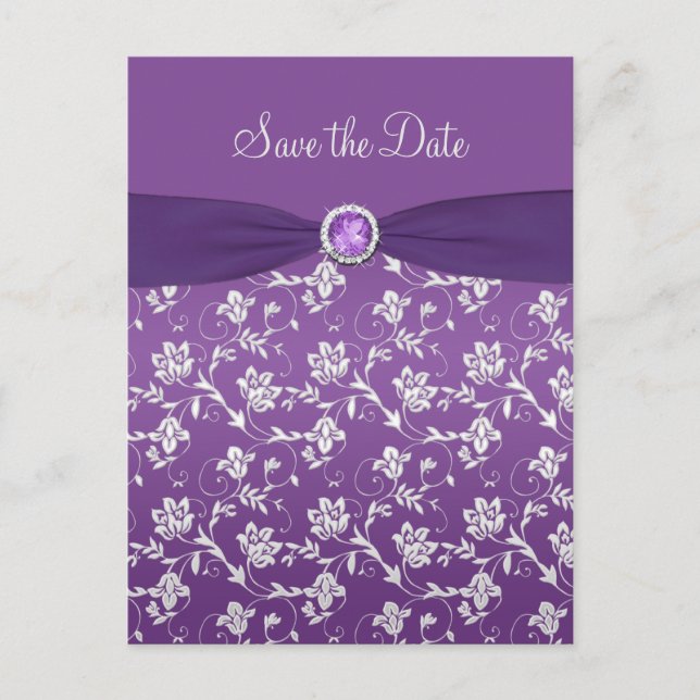 Purple and Silver Floral Save the Date Post card (Front)