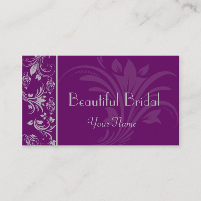 Purple and Silver Floral Scroll Business Card (Front)