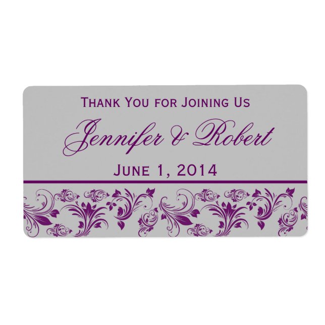 Purple and Silver Floral Scroll Water Bottle Label (Front)