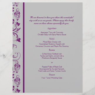 Purple and Silver  Floral Scroll Wedding Menu