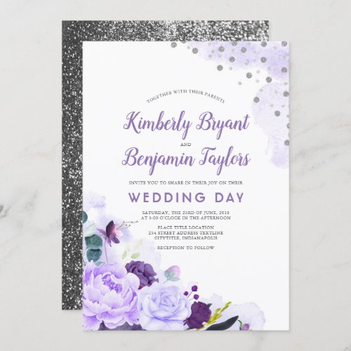 Purple and Silver  Floral Watercolor Wedding Invitation