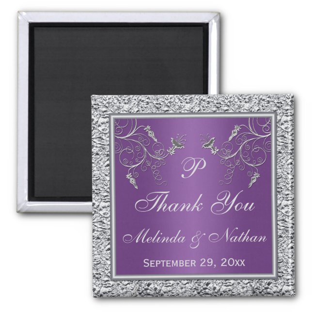 Purple and Silver Floral Wedding Favor Magnet (Front)
