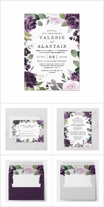 Purple and Silver Floral Wedding Invitations Set
