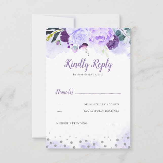 Purple and Silver Floral Wedding RSVP (Front)