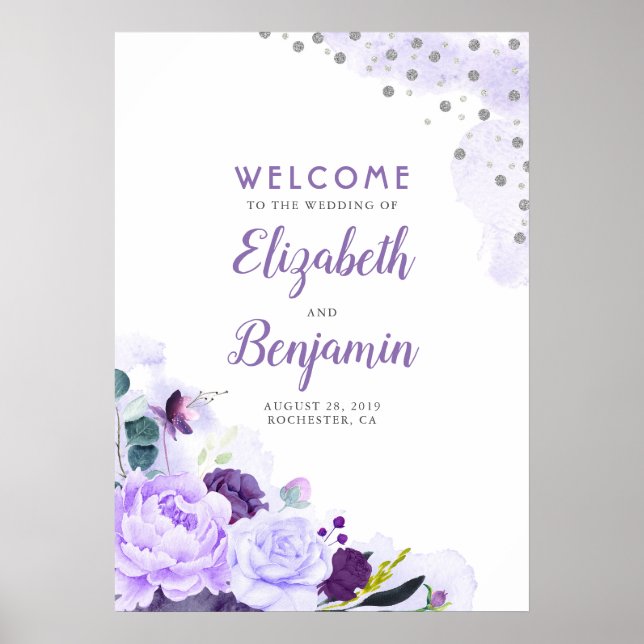 Purple and Silver Floral Wedding Welcome Sign (Front)