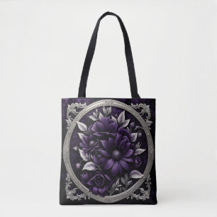 Purple and Silver Flowers in Gothic Frame Tote Bag