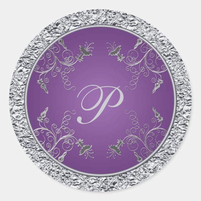 Purple and Silver Foil Floral Monogram Sticker (Front)