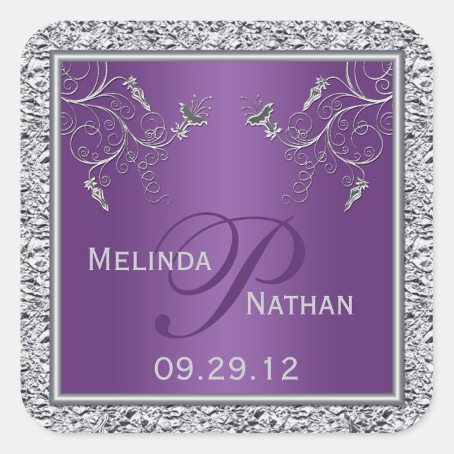 Purple and Silver Foil Floral Monogrammed Sticker (Front)