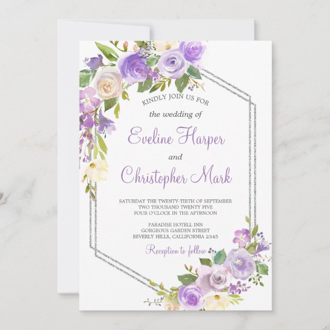 Purple and Silver frame floral watercolor wedding Invitation (Front)