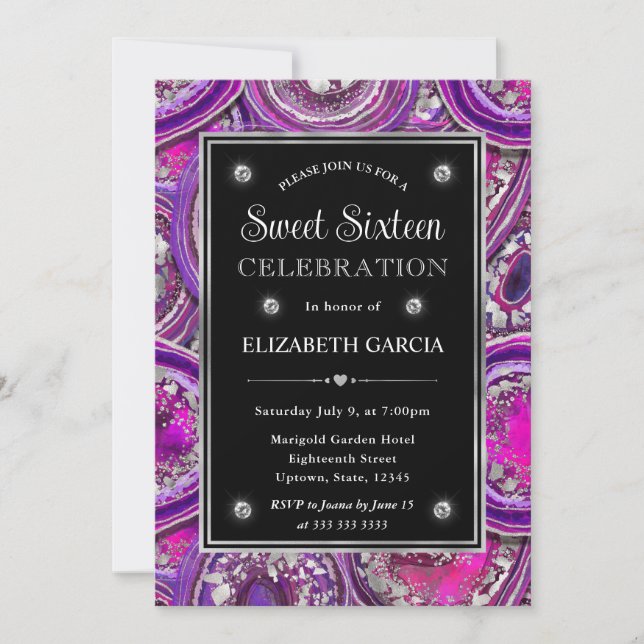 Purple and SIlver Geode Agate Frame Sweet 16 Invitation (Front)