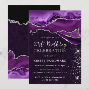 Purple and Silver Glitter Agate Birthday Invitation