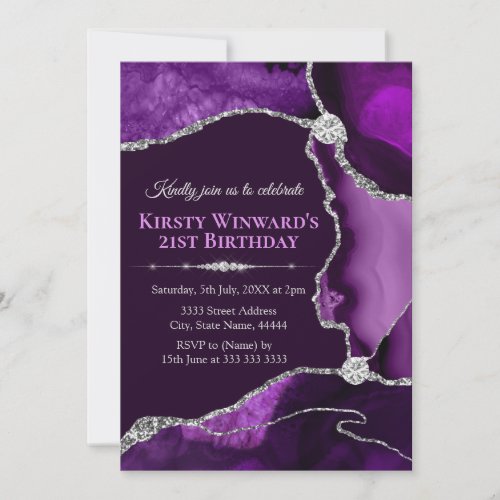 Purple and Silver Glitter Agate Birthday Party Invitation