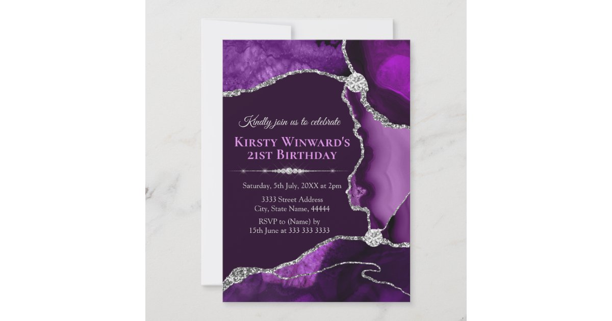 Purple and Silver Glitter Agate Birthday Party Invitation | Zazzle