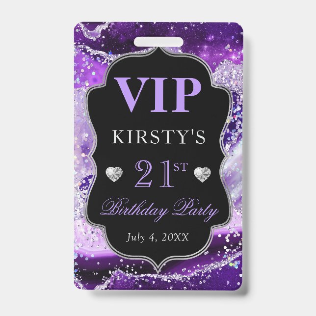Purple and Silver Glitter Agate Birthday VIP Badge (Front)