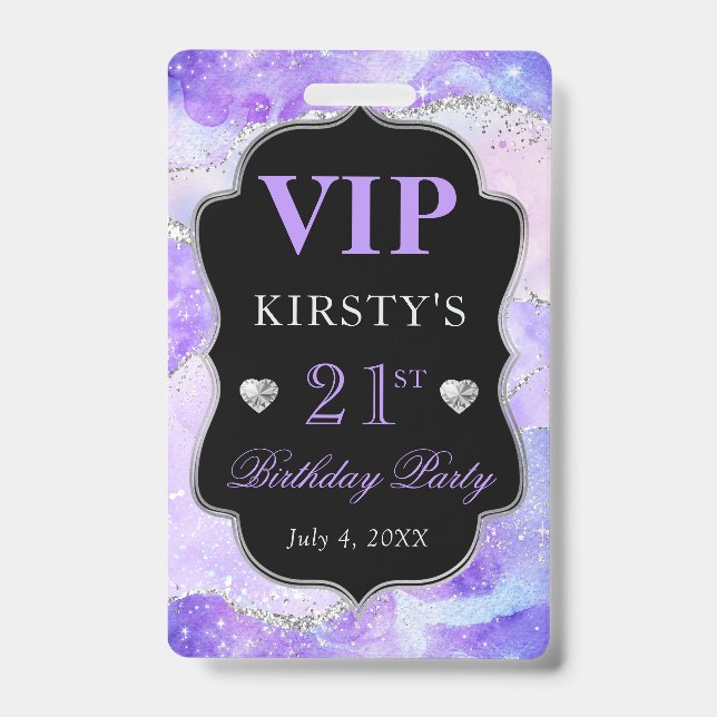 Purple and Silver Glitter Agate Birthday VIP Badge (Front)