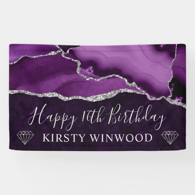 Purple and Silver Glitter Agate Marble Sweet 16 Banner (Horizontal)