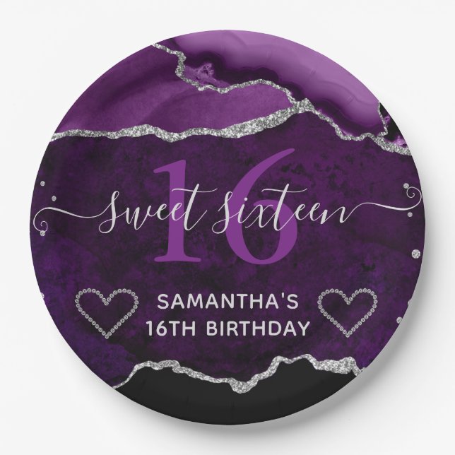 Purple and Silver Glitter Agate Marble Sweet 16 Paper Plates (Front)