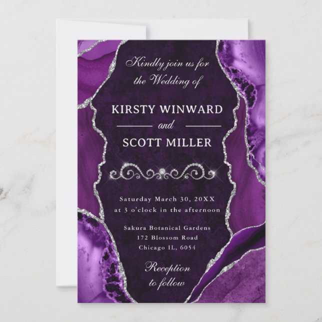 Purple and Silver Glitter Agate & Marble Wedding Invitation (Front)