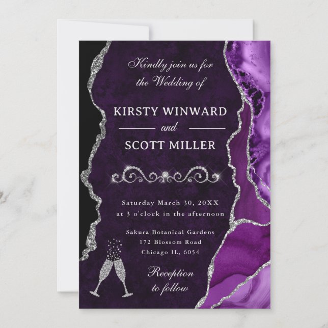 Purple and Silver Glitter Agate & Marble Wedding Invitation (Front)