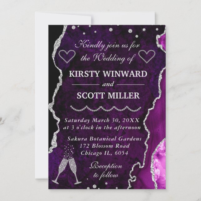 Purple and Silver Glitter Agate Marble Wedding Invitation (Front)