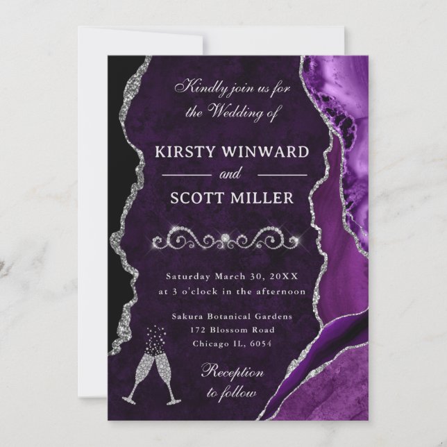 Purple and Silver Glitter Agate & Marble Wedding Invitation (Front)