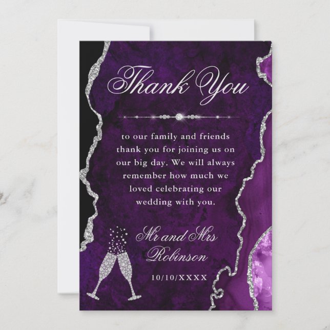 Purple and Silver Glitter Agate & Marble Wedding Thank You Card (Front)