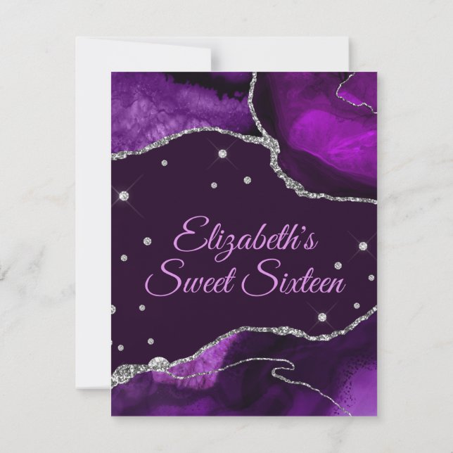 Purple and Silver Glitter Agate Sweet 16 RSVP Card (Back)