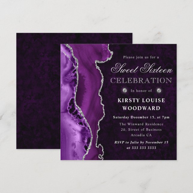 Purple and Silver Glitter Agate Sweet Sixteen Invitation (Front/Back)