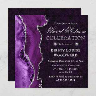 Purple and Silver Glitter Agate Sweet Sixteen Invitation