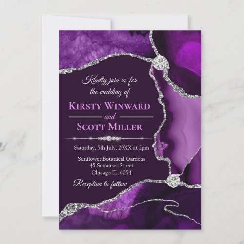 Purple and Silver Glitter Agate Wedding Invitation